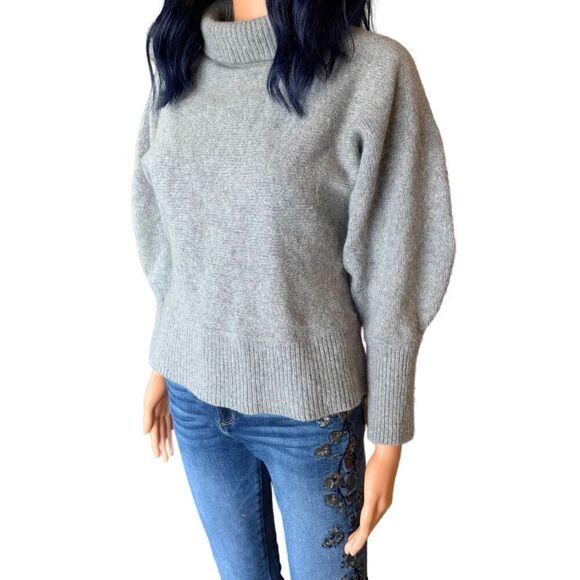 Halogen Gray Puff Sleeve Turtleneck Medium Merino Wool Alpaca Blend Knit - Picture 3 of 6